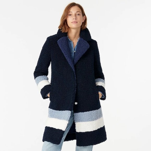 NWT J. Crew Blue Color Block Teddy Sherpa Coat